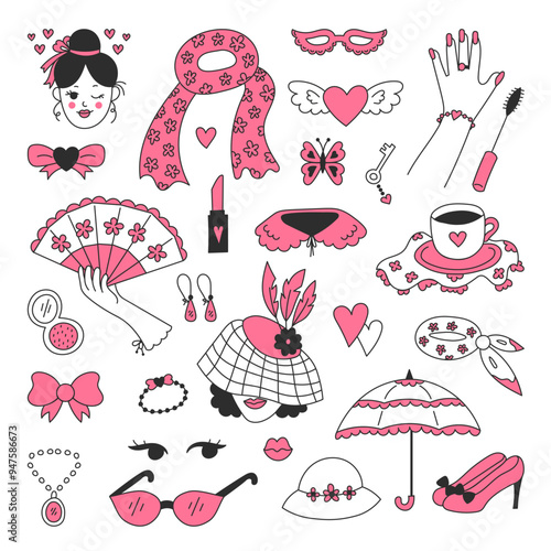 Coquette Doodle Symbols Set. Hand drawn collection of vintage femininity Fashion Accessories and Symbols. Black outline with pink color. Vector illustration