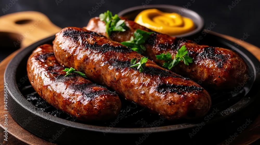 Deliciously grilled sausages served on a sizzling plate, garnished with herbs and accompanied by a side of mustard. Deliciously grilled sausages served on a sizzling plate, garnished with herbs and accompanied by a side of mustard.