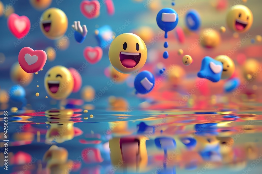 Realistic 3D social media emojis and likes floating over a reflective ...