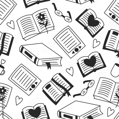 Book Reading Doodle Seamless Pattern. Hand drawn falling paper and eBook novels and publications with eyeglasses and heart shapes. Literature repeat vector illustration.