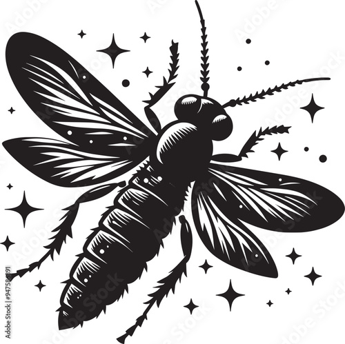 Beautiful firefly insect silhouette illustration isolated on a white background
