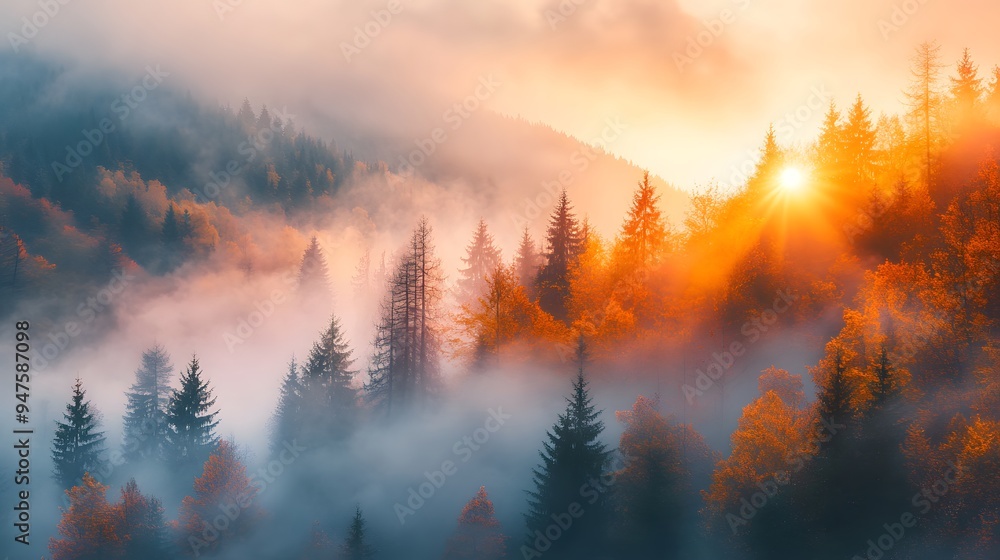 Misty Autumn Forest Sunrise Landscape Misty Autumn Forest Sunrise Landscape