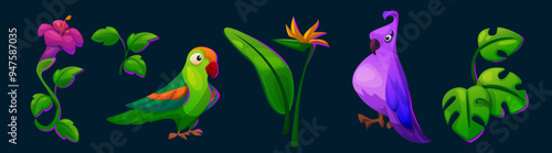 Parrot and tropical flower summer illustration. Exotic plant leaf for paradise nature with green bird icon set. Botanical drawing element for summertime graphic with cute wildlife character collection
