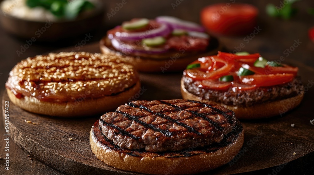 burgers featuring grilled meat and a variety of toppings burgers featuring grilled meat and a variety of toppings