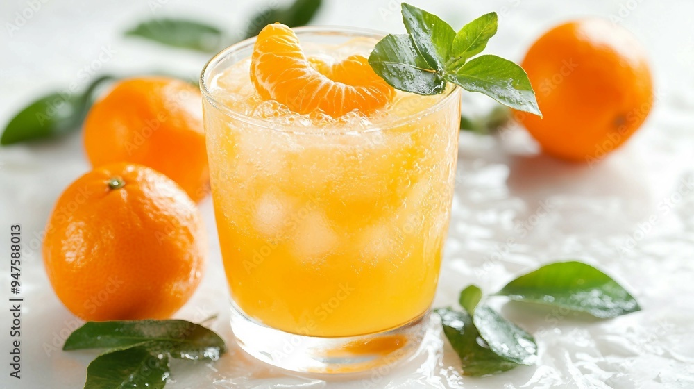 Zesty Mandarin Soda Refreshment Close Up on White Background with Copy Space - Vibrant Citrus Drink and Fruits Concept Zesty Mandarin Soda Refreshment Close Up on White Background with Copy Space - Vibrant Citrus Drink and Fruits Concept