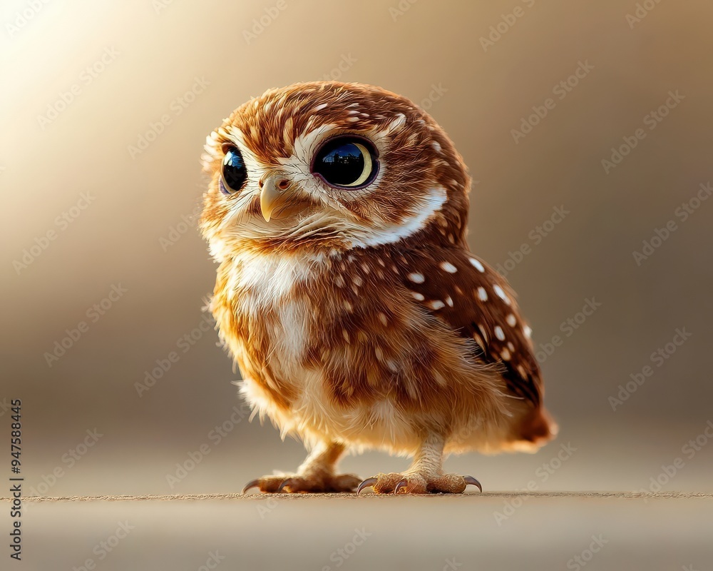 Obraz premium A charming little owl, showcasing its unique features and adorable presence in a warm, softly blurred background.