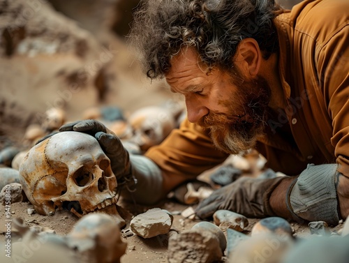 Archaeologist examines ancient skulls in a burial site during a meticulous excavation in a remote desert at sunset