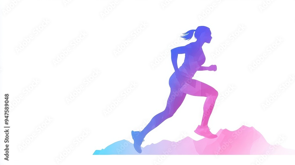 Dynamic silhouette of a female runner in motion, showcasing energy and fitness against a colorful gradient background. Dynamic silhouette of a female runner in motion, showcasing energy and fitness against a colorful gradient background.