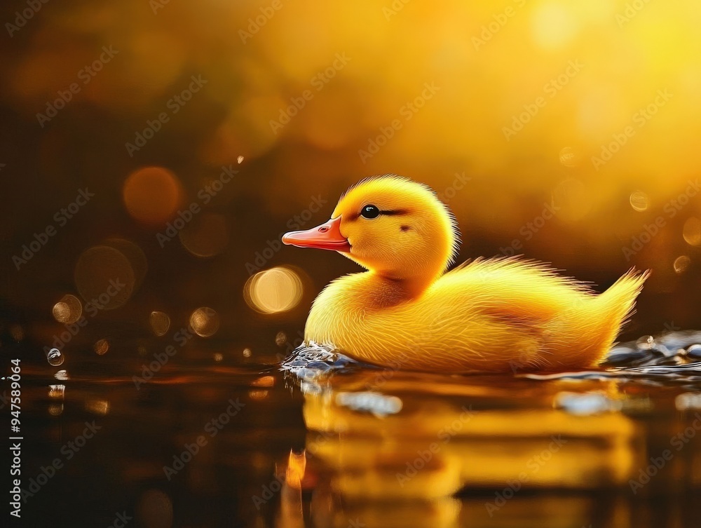 A charming yellow duckling swims gracefully on calm water, surrounded by a warm golden glow and soft bokeh effects. A charming yellow duckling swims gracefully on calm water, surrounded by a warm golden glow and soft bokeh effects.