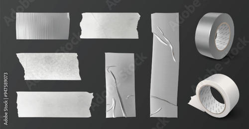3d silver roll tape. Adhesive duct scotch isolated vector. Metal color sticker strip for decor. Realistic clerical glue band to fix or repair illustration set. Sticky, folded and crumpled ribbon