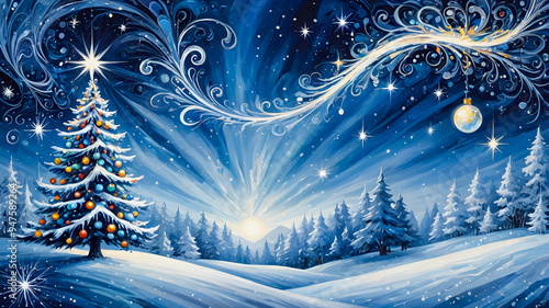 Forest landscape for winter and New Year holidays. Festive winter landscape. poster, banner, flyer, background