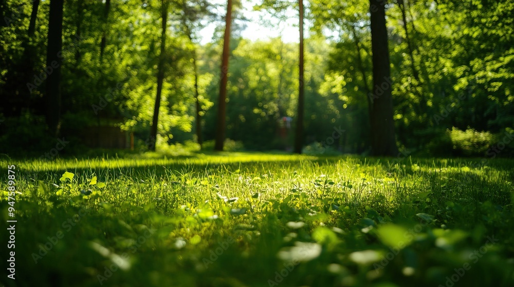 Fototapeta premium A serene forest scene featuring lush green grass, vibrant trees, and soft sunlight filtering through the foliage.
