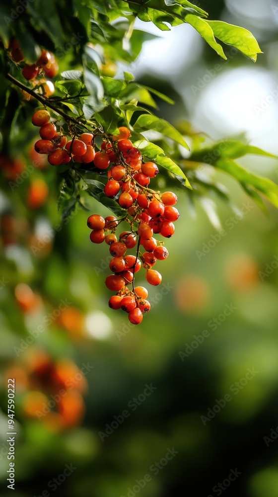 A close-up of vibrant red berries hanging from lush green leaves, showcasing nature's beauty in soft, blurred background. A close-up of vibrant red berries hanging from lush green leaves, showcasing nature's beauty in soft, blurred background.