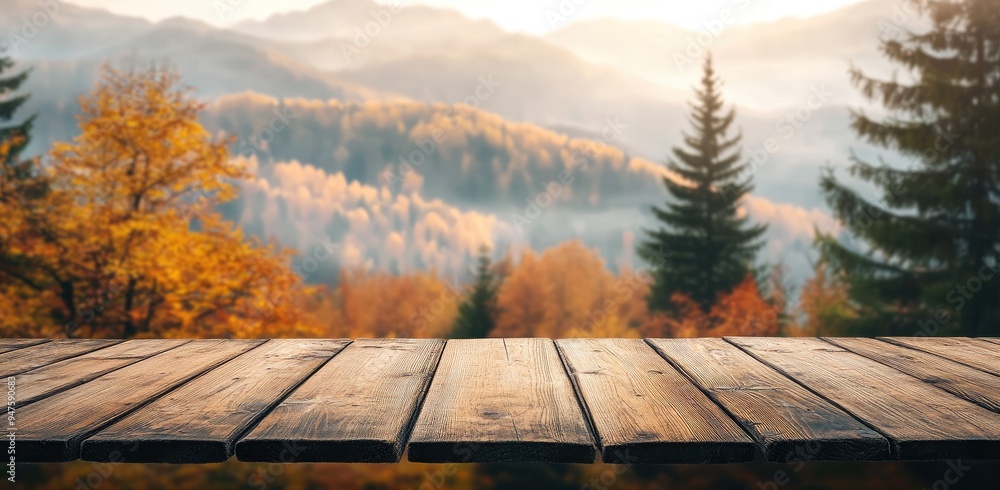 Wooden Tabletop with Breathtaking Mountain View. Overlooking Autumn Forest and Mountain Landscape at Serene Sunrise Wooden Tabletop with Breathtaking Mountain View. Overlooking Autumn Forest and Mountain Landscape at Serene Sunrise