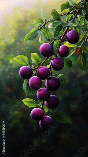 A close-up view of fresh purple plums hanging on a branch surrounded by lush green leaves in a serene natural setting. photo