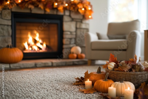 Cozy Thanksgiving Fireplace: A warm and inviting living room with a crackling fireplace, where Thanksgiving decorations like a garland of leaves, small pumpkins, and a cornucopia are arranged on the m