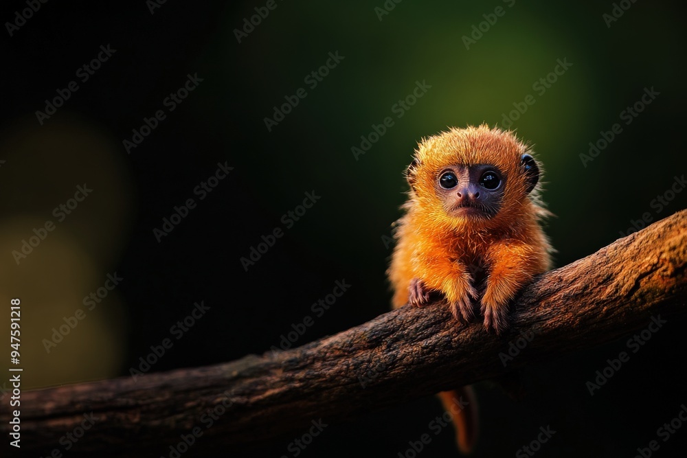 A curious baby monkey perched on a branch, showcasing its vibrant orange fur and expressive eyes in a lush forest backdrop. A curious baby monkey perched on a branch, showcasing its vibrant orange fur and expressive eyes in a lush forest backdrop.
