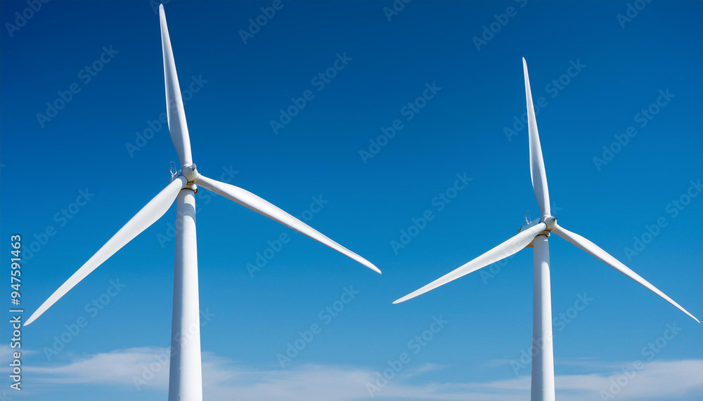 Close-up of modern wind turbines against a clear blue sky, showcasing their sleek design and renewable energy generation capabilities, emphasizing sustainable power and clean technology Close-up of modern wind turbines against a clear blue sky, showcasing their sleek design and renewable energy generation capabilities, emphasizing sustainable power and clean technology