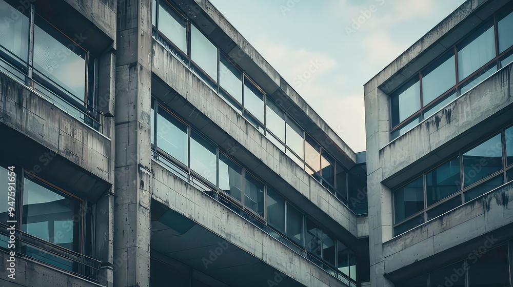 A low-angle view of a modern concrete building facade with a series of windows, showcasing the geometric lines and structural elements of the building. A low-angle view of a modern concrete building facade with a series of windows, showcasing the geometric lines and structural elements of the building.