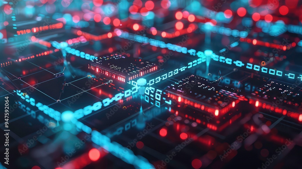 A digital network with glowing lines and bokeh in a futuristic technology design. A digital network with glowing lines and bokeh in a futuristic technology design.