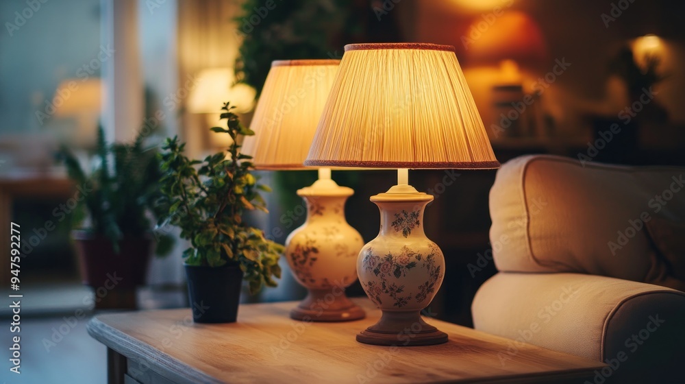 Cozy Interior with Table Lamps and Plants