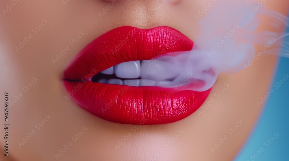 Naklejka premium A woman with red lips is smoking a cigarette. Concept of rebellion and defiance, as the woman is breaking social norms by smoking in public. The red lips add a touch of sensuality to the scene