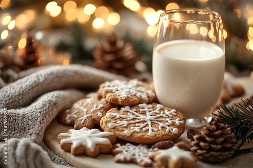 Cozy holiday scene with milk and cookies, warm tones Cozy holiday scene with milk and cookies, warm tones