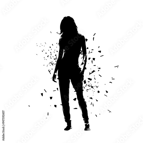 Young adult woman standing, abstract vector silhouette. Distortion effect