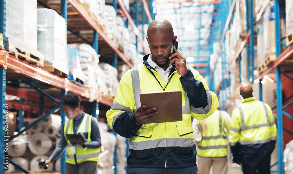 Black man, clipboard and logistics with phone call for communication or inventory inspection at warehouse. Young African, male person or manager on mobile smartphone for supply chain or distribution Black man, clipboard and logistics with phone call for communication or inventory inspection at warehouse. Young African, male person or manager on mobile smartphone for supply chain or distribution