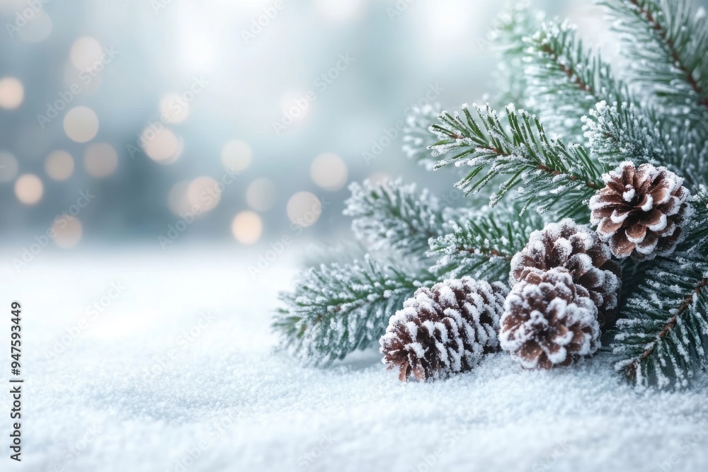 Frosty pine branches with pine cones in a snowy winter landscape. Frosty pine branches with pine cones in a snowy winter landscape.
