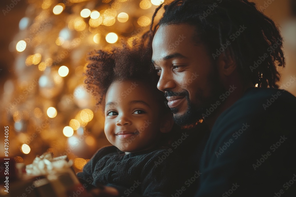 Father and daughter bonding in front of Christmas tree's lights Father and daughter bonding in front of Christmas tree's lights