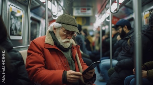 Elderly Man Using Smartphone on a Subway