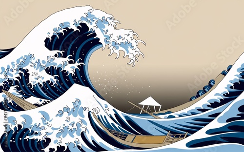 Dynamic Japanese Woodblock of Powerful Ocean Wave and Fishing Boat