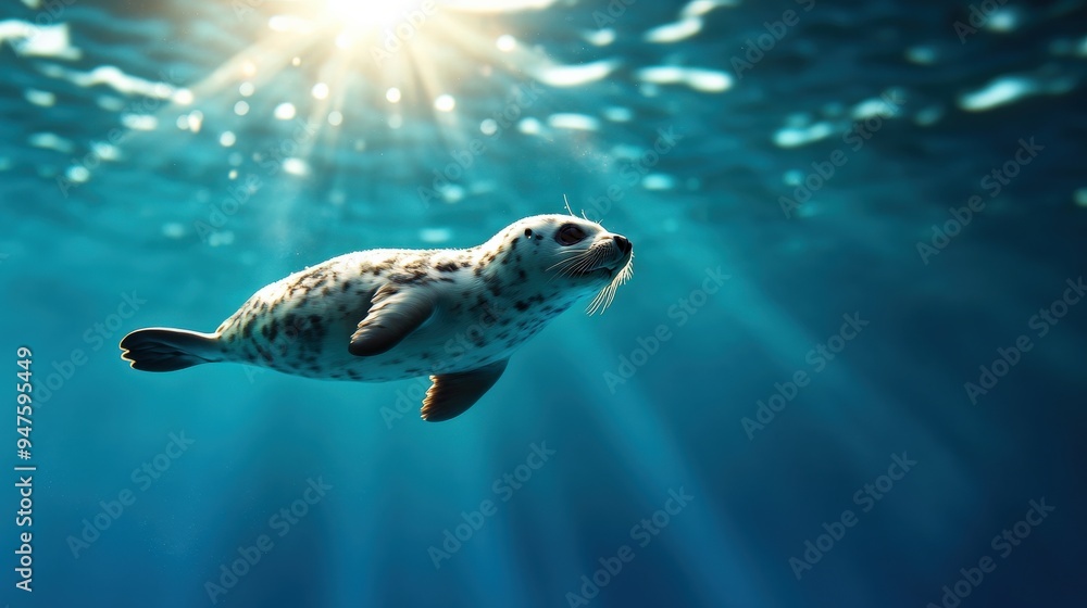 Naklejka premium A playful seal gracefully swims underwater, illuminated by soft sunlight filtering through the ocean's surface.