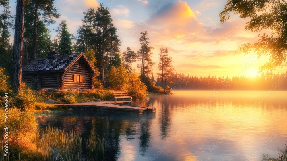 Fototapeta premium Cabin by the Lake at Sunset