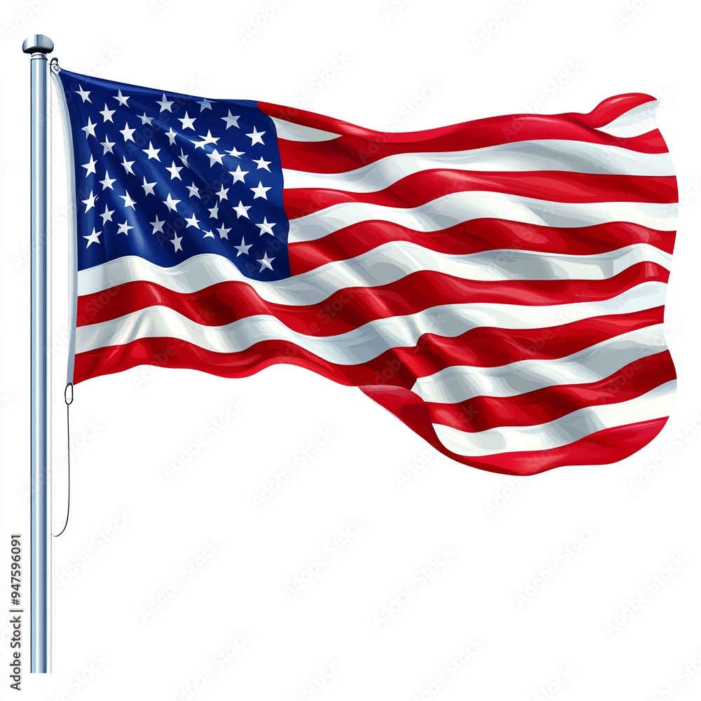 Waving American flag on a flagpole against a white background. Waving American flag on a flagpole against a white background.