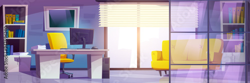 Boss office room interior with window and modern desk. Empty ceo workplace inside building with furniture, monitor and chair graphic design. Minimalist glass corporate cabinet concept front view