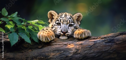 A serene young tiger resting on a log, surrounded by lush greenery, showcasing the beauty of wildlife in its natural habitat.