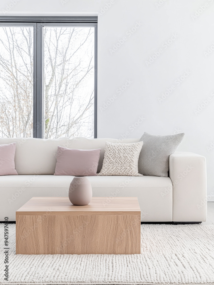 Fototapeta premium Modern interior design composition with a sofa, coffee table and minimalist decor next to a large window. Luxury interiors in neutral tones.