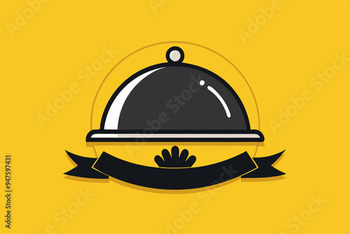 Black Dish with lid holding hands isolated on yellow, opened restaurant cloche,concept icons set
