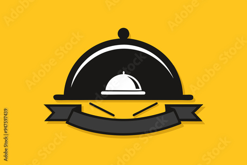 Black Dish with lid holding hands isolated on yellow, opened restaurant cloche,concept icons set