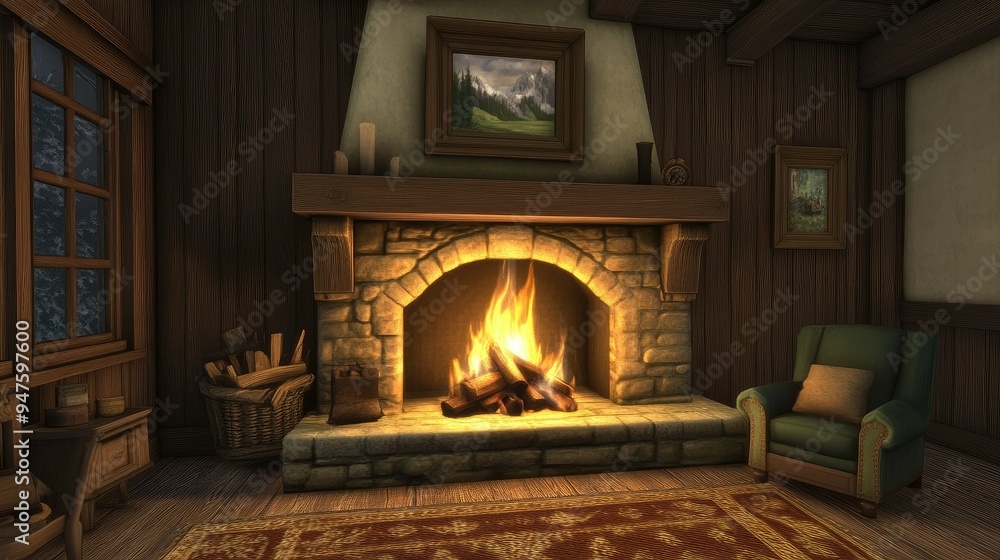 Cozy fireplace with crackling flames Cozy fireplace with crackling flames