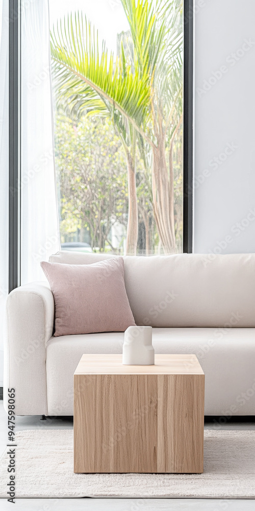 Modern interior design composition with a sofa, coffee table and minimalist decor next to a large window. Luxury interiors in neutral tones. Modern interior design composition with a sofa, coffee table and minimalist decor next to a large window. Luxury interiors in neutral tones.