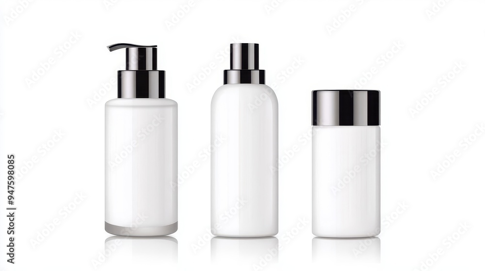 Modern collection of white cosmetic bottles with metallic lids, ideal for skincare or personal care product presentations. Modern collection of white cosmetic bottles with metallic lids, ideal for skincare or personal care product presentations.