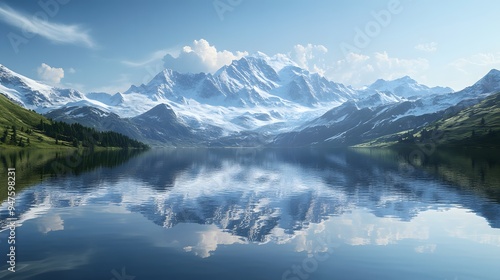 Wallpaper Mural 73. "A detailed 3D render of a serene mountain lake with a reflection of the surrounding peaks and clear skies Torontodigital.ca