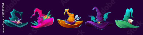Witch hat for Halloween. Magic wizard cap cartoon isolated. Magician haloween costume element for game. Cute purple and green sorceress party object with skull. Hag decoration graphic clipart