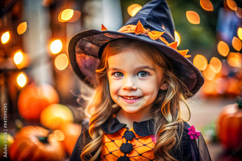 Cute Little Witch in Halloween Costume with Pumpkins. Cute Little Witch in Halloween Costume with Pumpkins.