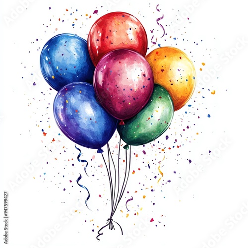 A birthday streamer and balloon clipart, party decor, hand-drawn style, with vibrant colors, isolated on white background