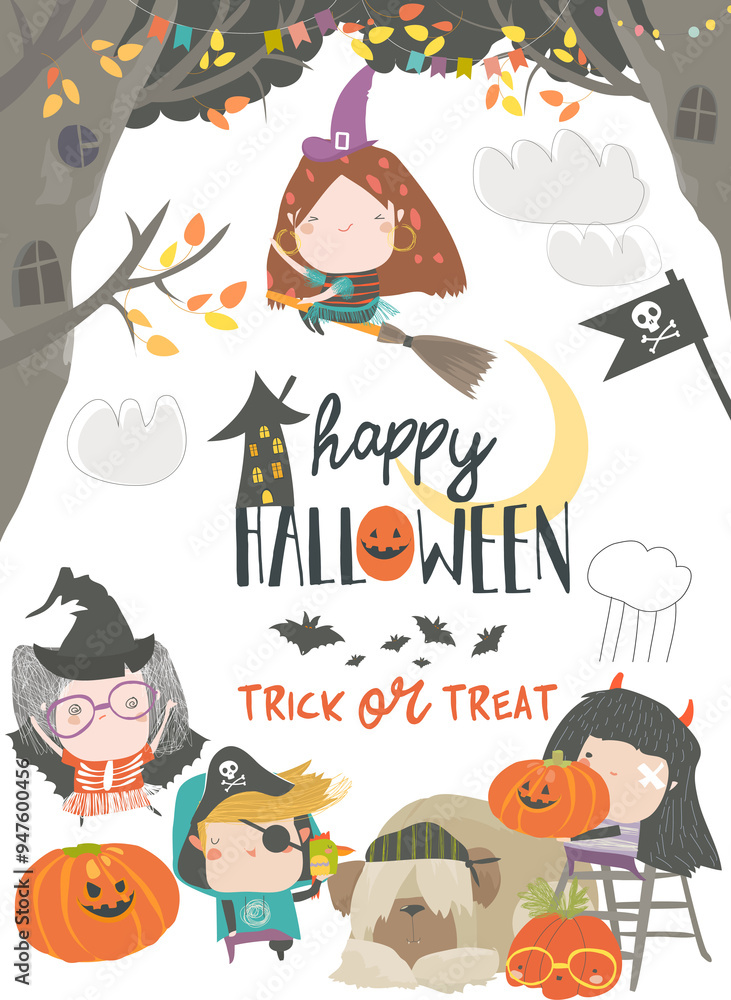 Fototapeta premium Funny children wearing in Halloween costumes. Trick or treat