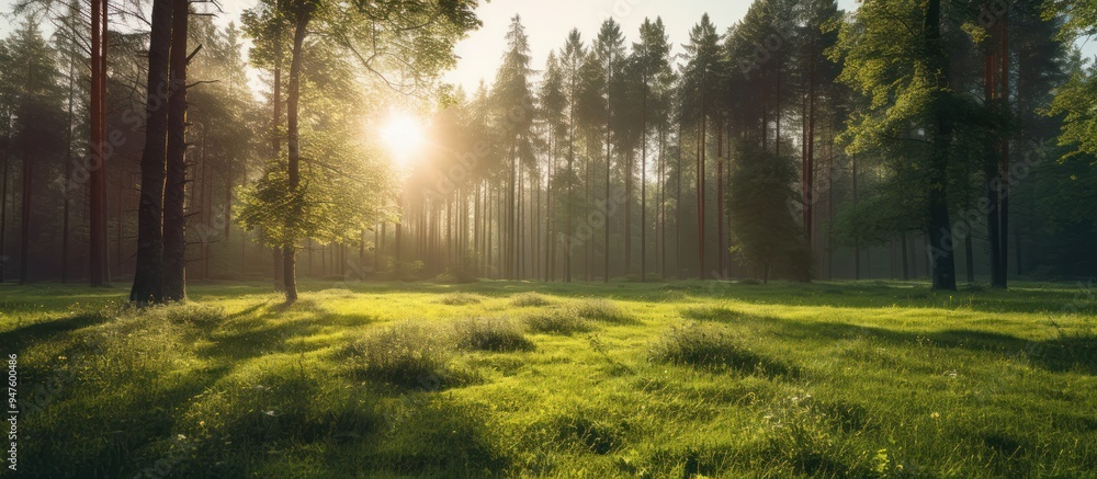 Obraz premium Sunlit Forest Clearing with Misty Trees